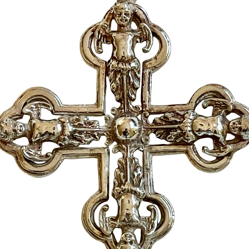 Fratelli Peruzzi 925 Sterling Silver Ornate Cross Pendant With Angels - Picture 2 of 3